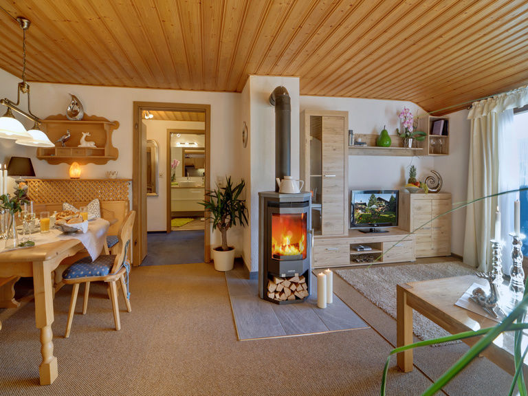 Gemütliches Wohnzimmer mit Kaminofen in der Ferienwohnung in Bodenmais
